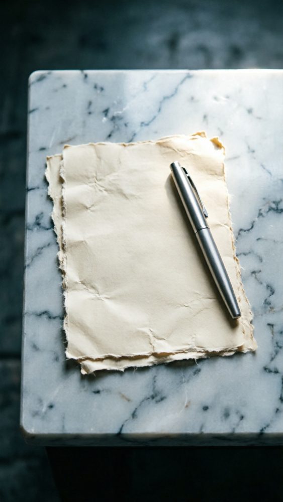 Folhas de papel envelhecido com caneta metálica apoiadas numa mesa de mármore