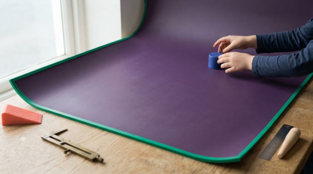 Superfície curva roxa com borda verde numa mesa de madeira com mãos infantis e objetos diversos