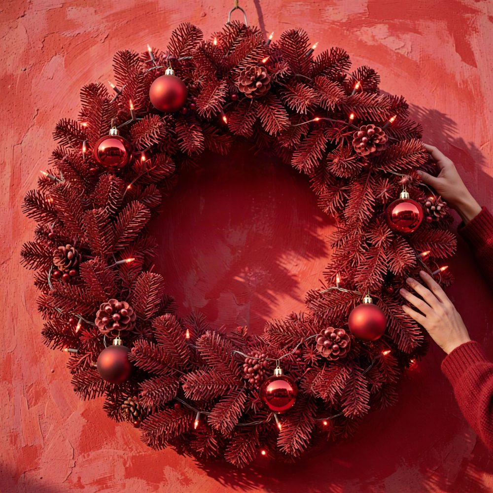 Guirlanda de Natal vermelha com bolas, pinhas e luzes decorativas em fundo vermelho com mãos a ajustar