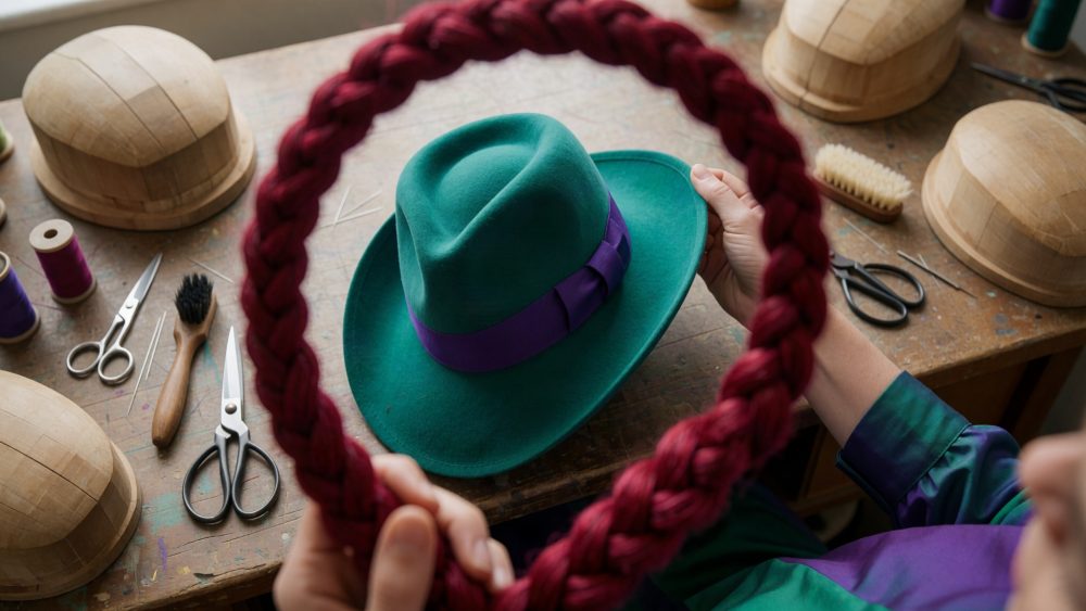 Mãos seguram trança vermelha junto a chapéu verde com fita roxa numa mesa de oficina de chapéus