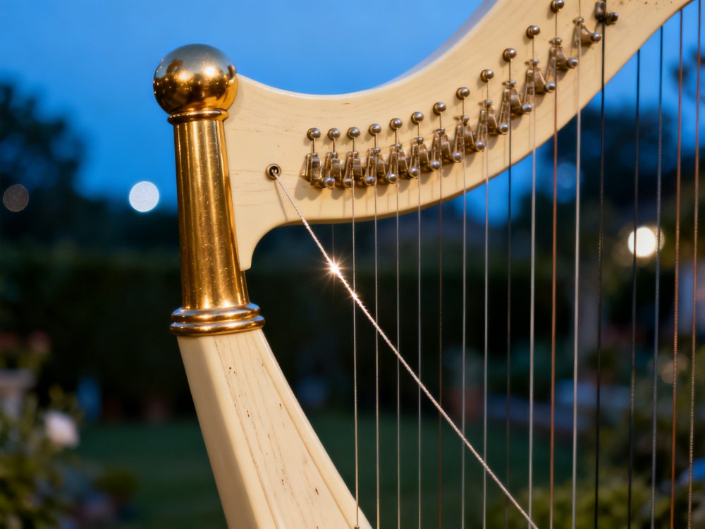 Topo de harpa clássica com detalhes dourados e fundo desfocado de jardim ao entardecer