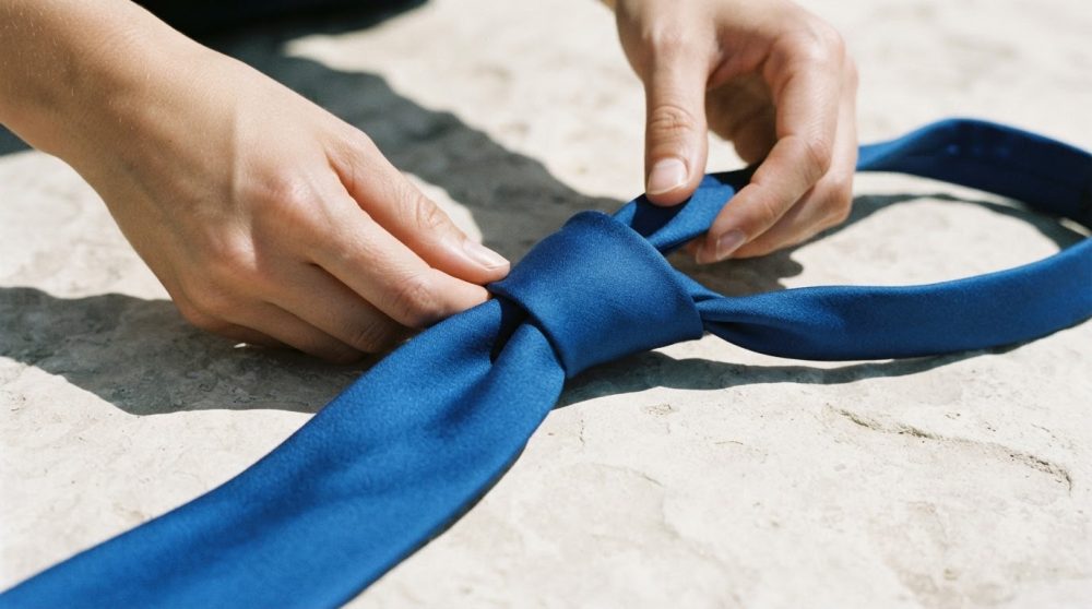 Mãos a fazer nó numa gravata azul sobre textura clara
