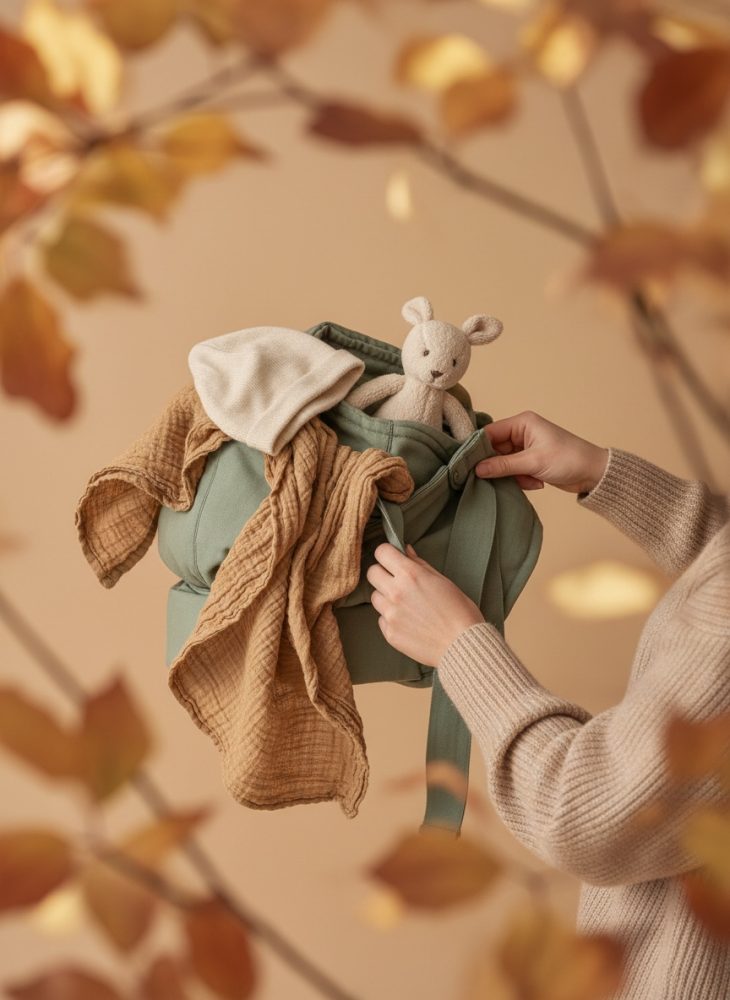 Mãos seguram mala verde com peluche, gorro e mantinha de bebé em tons castanhos