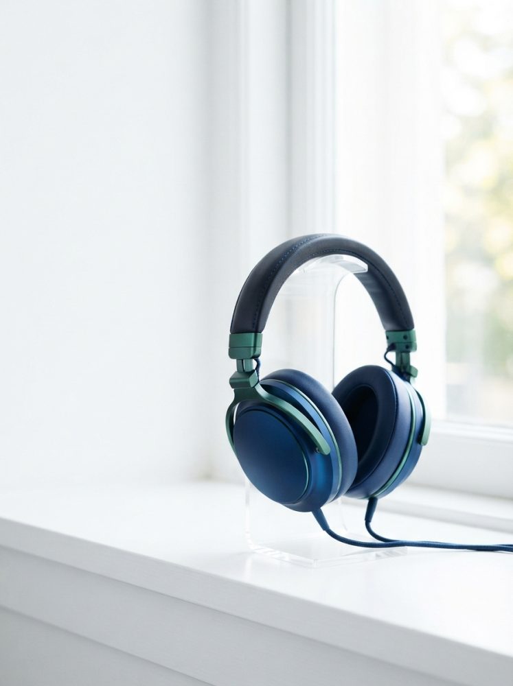 Auriculares azuis com detalhes verdes sobre suporte transparente numa janela iluminada