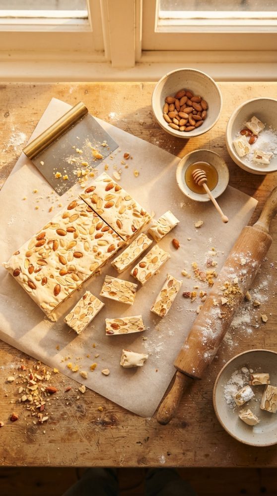 Torrão com amêndoas cortado em pedaços sobre mesa de madeira com mel e ferramentas de cozinha