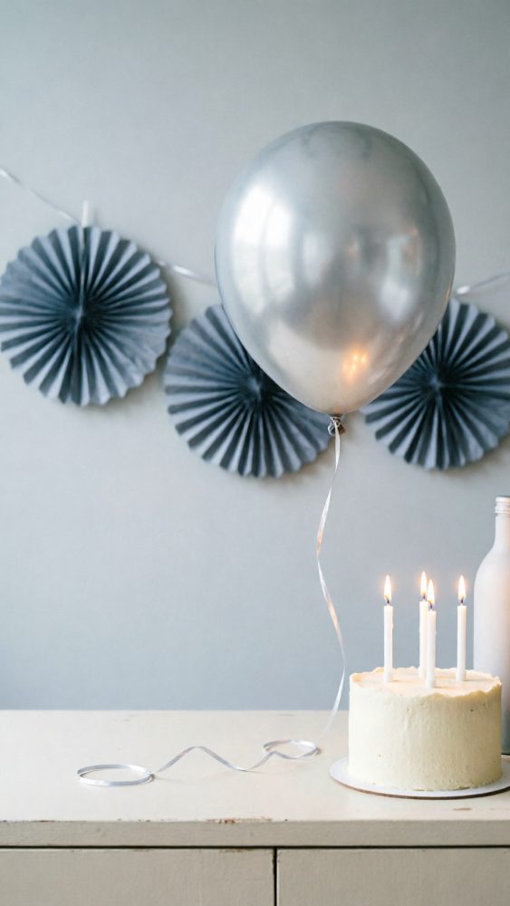Bolo branco com velas acesas, balão prateado e decoração de papel cinza na parede