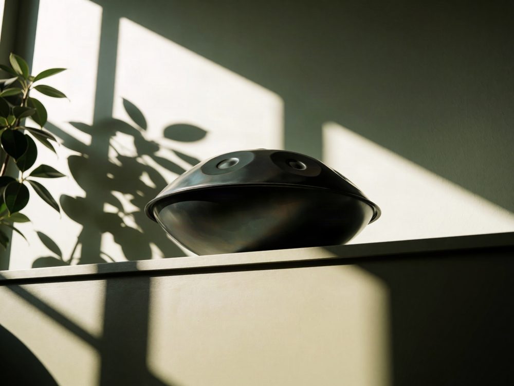 Instrumento handpan preto em cima de móvel com sombra de planta e janela ao fundo
