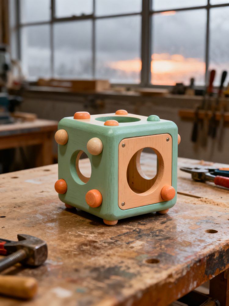 Brinquedo educativo de madeira em forma de cubo colorido para bebés numa bancada de carpintaria
