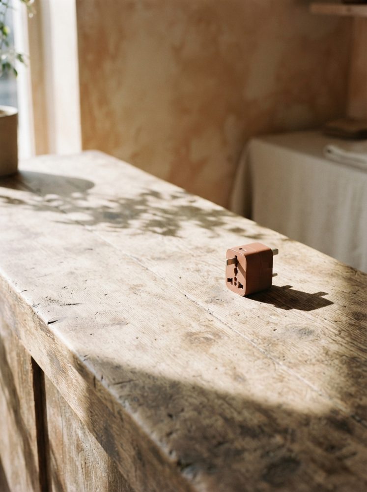 Adaptador de viagem castanho sobre mesa rústica de madeira com sombras de plantas ao fundo