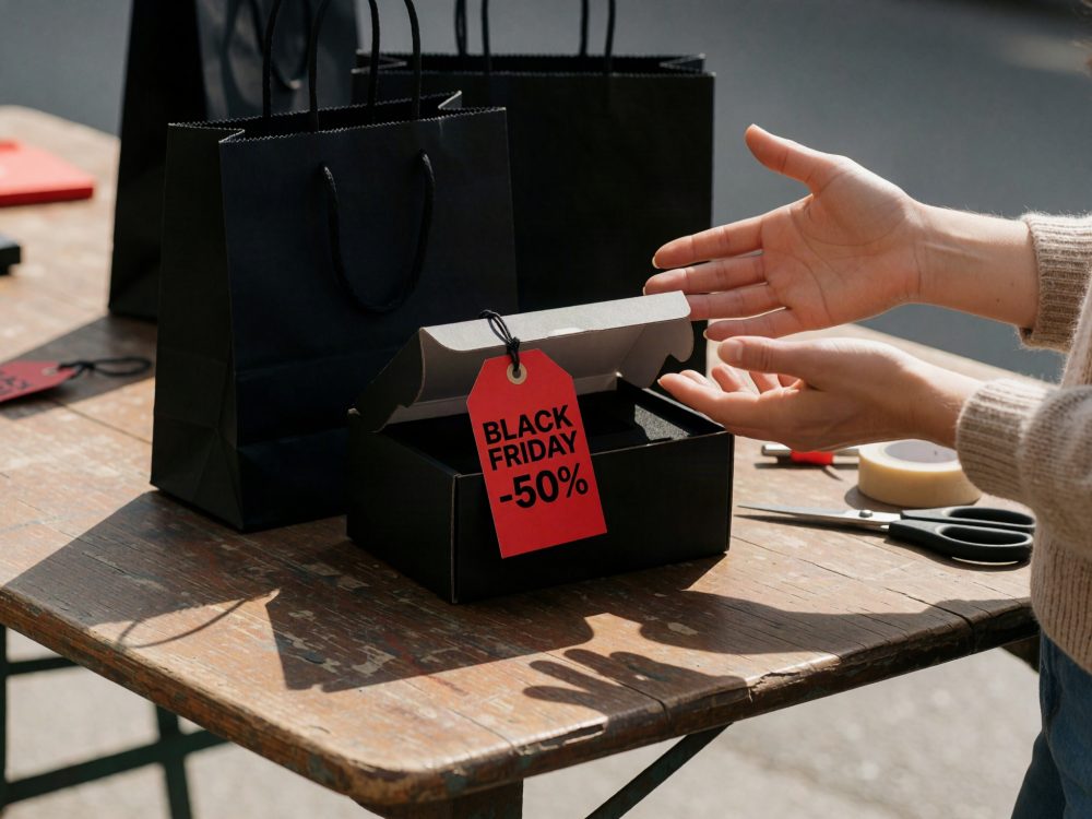 Caixa preta aberta com etiqueta vermelha de Black Friday -50% ao lado de sacos de papel preto sobre mesa de madeira