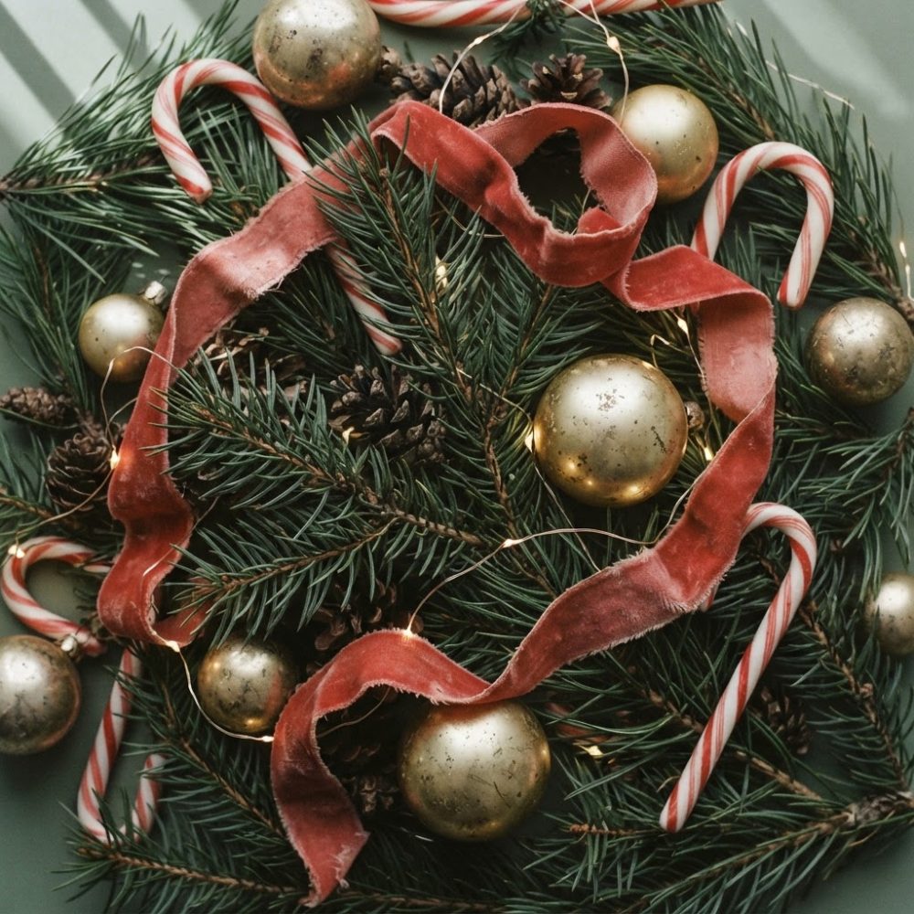 Guirlanda de Natal com pinheiros, bolas douradas, fita vermelha e paus de açúcar