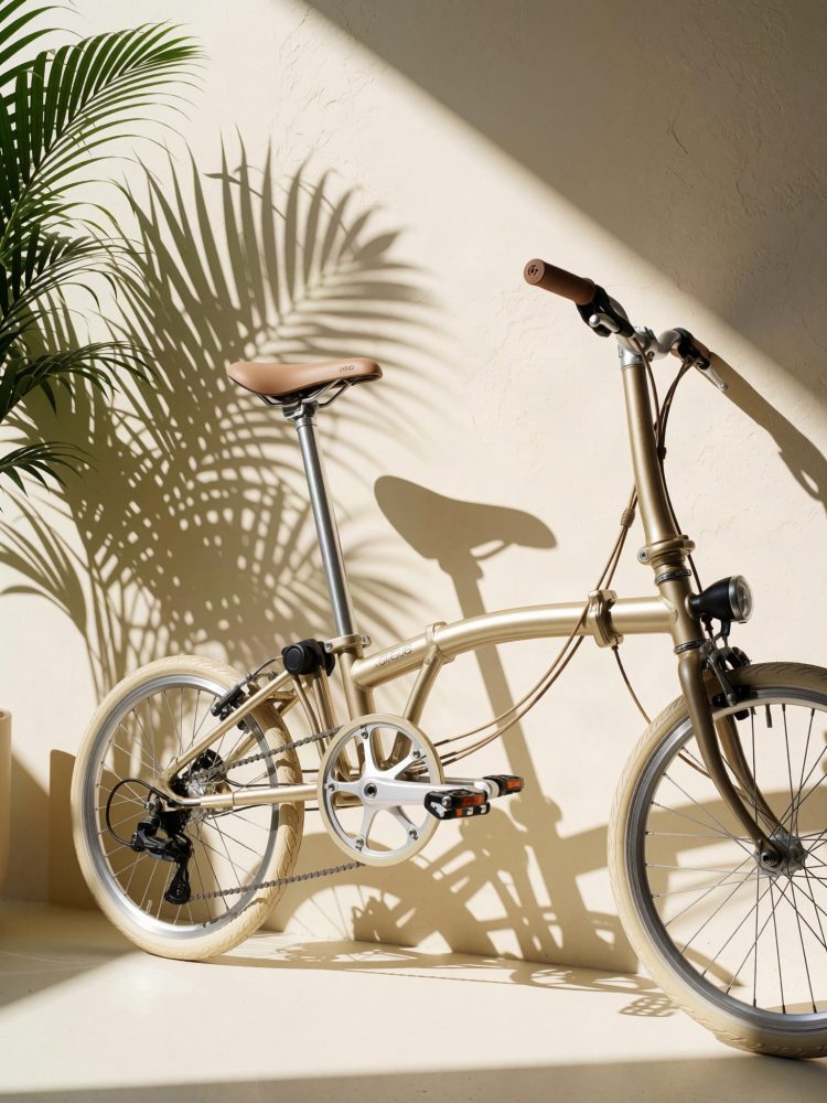Bicicleta dobrável bege com sela e punhos castanhos junto a parede iluminada e sombra de folhas verdes