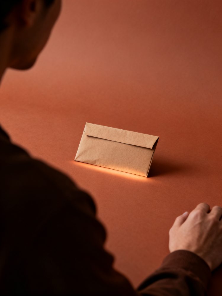 Envelope de papel kraft sobre superfície castanha com pessoa desfocada ao lado