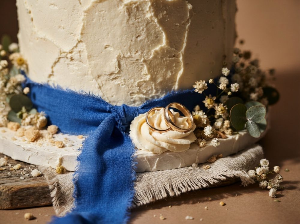 Detalhe de bolo de casamento branco com fita azul, alianças douradas e flores pequenas