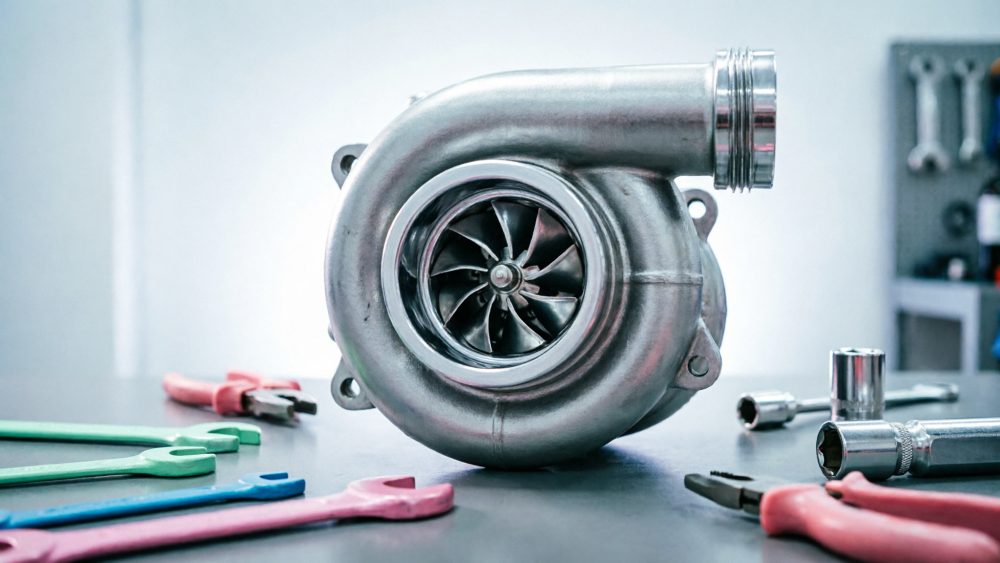 Turbo de metal rodeado por ferramentas diversas sobre bancada cinza