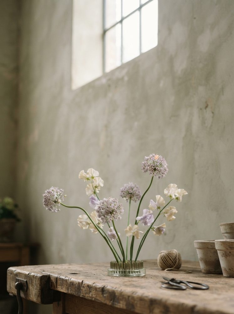 Arranjo de flores lilases e brancas em vaso de vidro sobre mesa de madeira rústica junto a janela