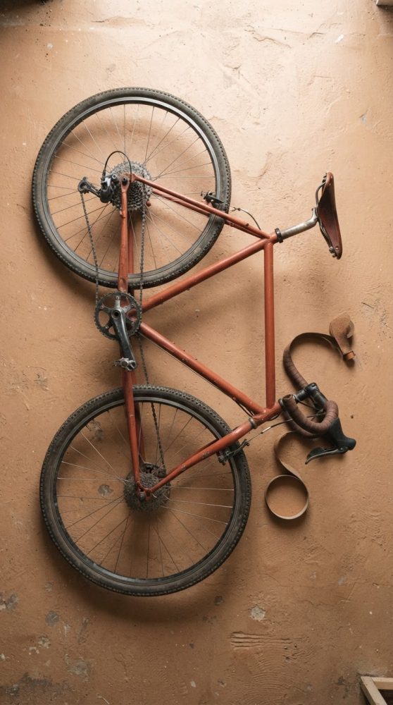 Bicicleta vintage laranja com pneus largos e selim castanho sobre chão rústico