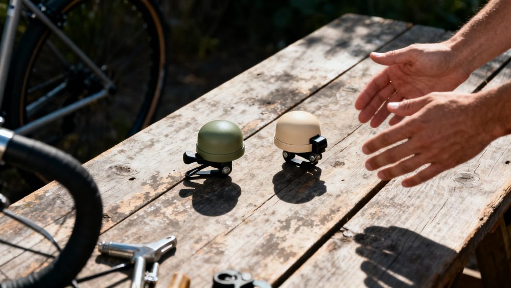 Duas campainhas para bicicleta verde e bege sobre mesa de madeira rústica com uma mão e parte do guiador na cena