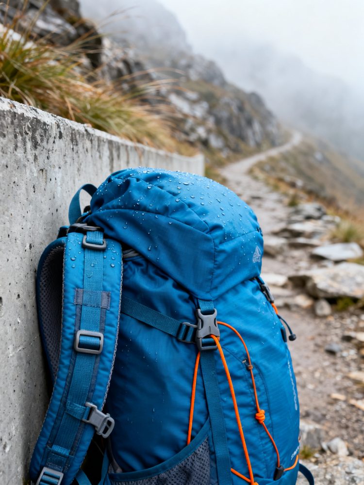 Mochila azul com gotas de chuva encostada a muro junto a trilha rochosa de montanha enevoada