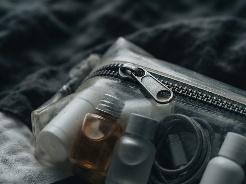 Bolsa transparente com frascos pequenos e cabo USB para viagem.