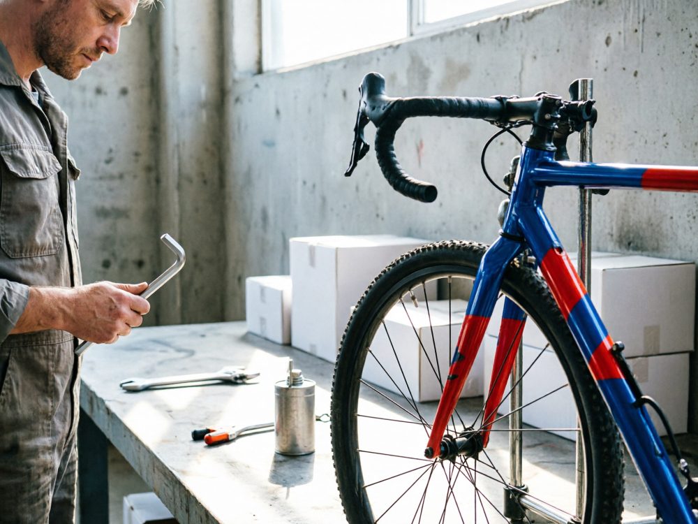Homem a trabalhar numa bicicleta azul e vermelha numa oficina com ferramentas e luz natural