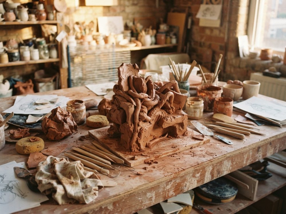 Escultura abstrata de barro em mesa de ateliê com ferramentas e material artístico