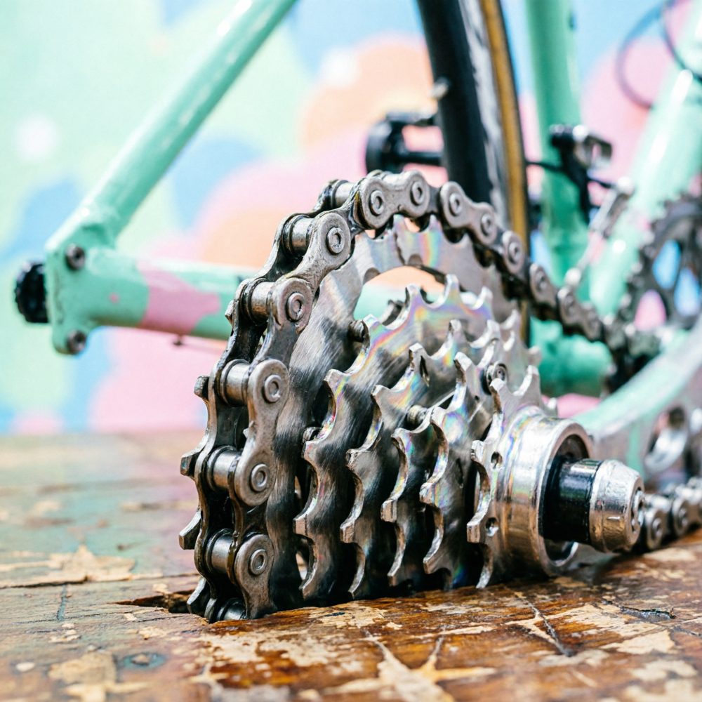 Engrenagem e corrente metálica de bicicleta com quadro verde desfocado no fundo colorido