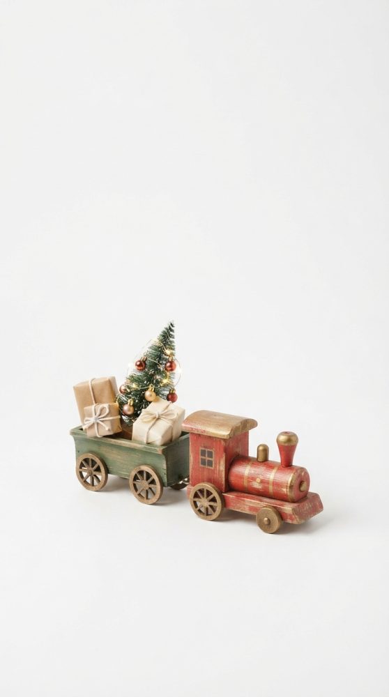 Comboio de brinquedo vintage com carruagem que contém pequena árvore de Natal e presentes embrulhados