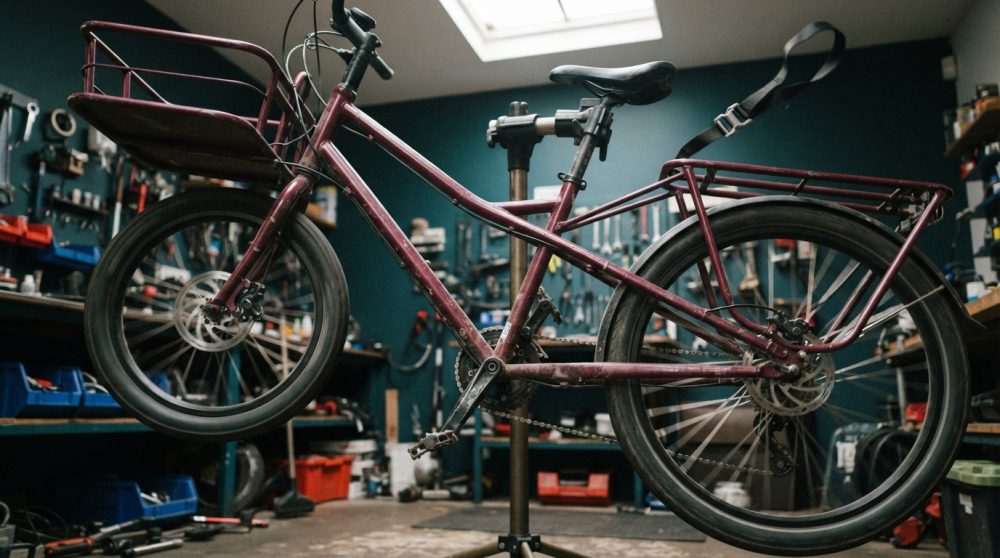 Bicicleta bordô suspensa num suporte numa oficina com ferramentas nas paredes ao fundo