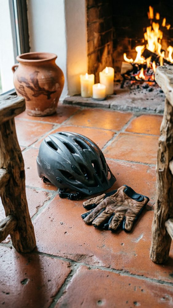 Capacete preto e luvas de ciclismo castanhas no chão de tijoleira junto a lareira acesa e velas