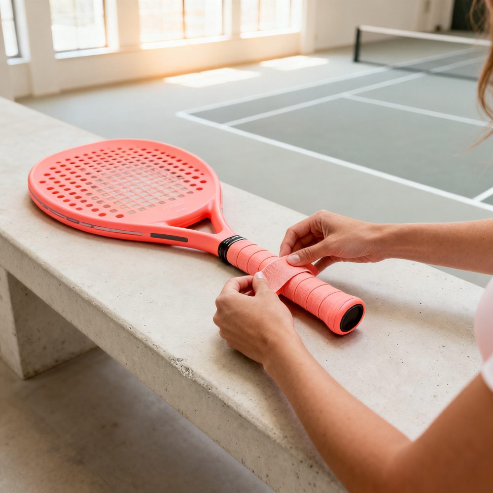 Mãos enrolando empunhadura coral de raquete de padel sobre banco próximo de quadra interior