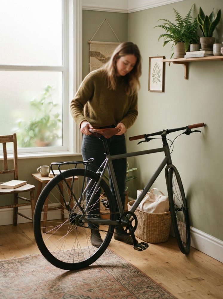 Mulher ajusta selim de bicicleta urbana preta em sala com decoração natural e plantas