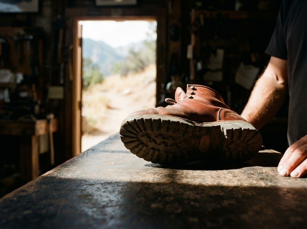 Bota castanha de campismo sobre mesa rústica com luz natural e ambiente campestre desfocado