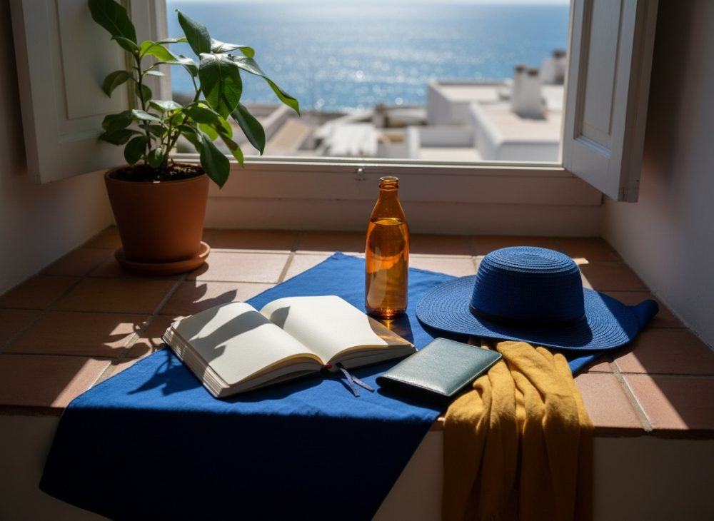 Janela aberta para vista do mar com chapéu azul, livro, garrafa e planta em peitoril