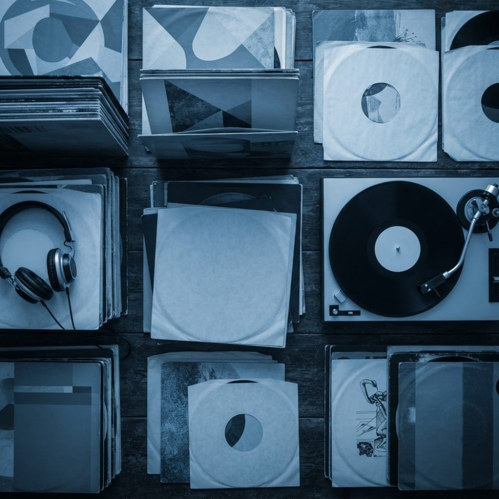 Conjunto de discos de vinil, capas variadas, gira-discos e auscultadores sobre mesa de madeira