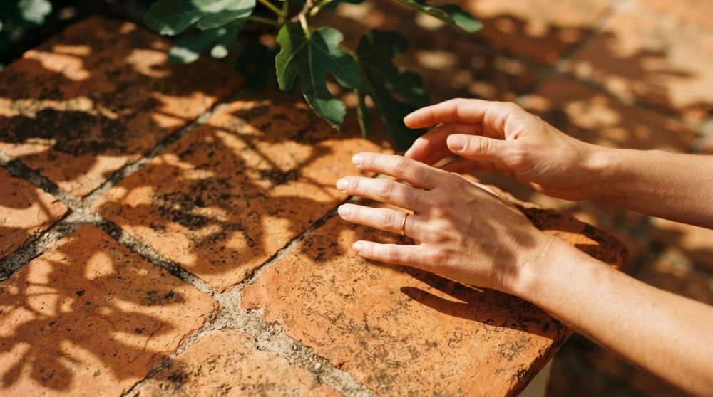 Mãos femininas sobre tijoleira rústica com sombra de folhas verdes ao sol