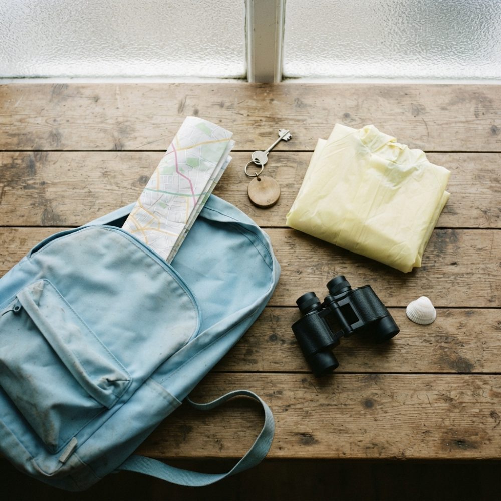 Mochila azul com mapa, binóculos, chave, roupa amarela e concha sobre mesa de madeira