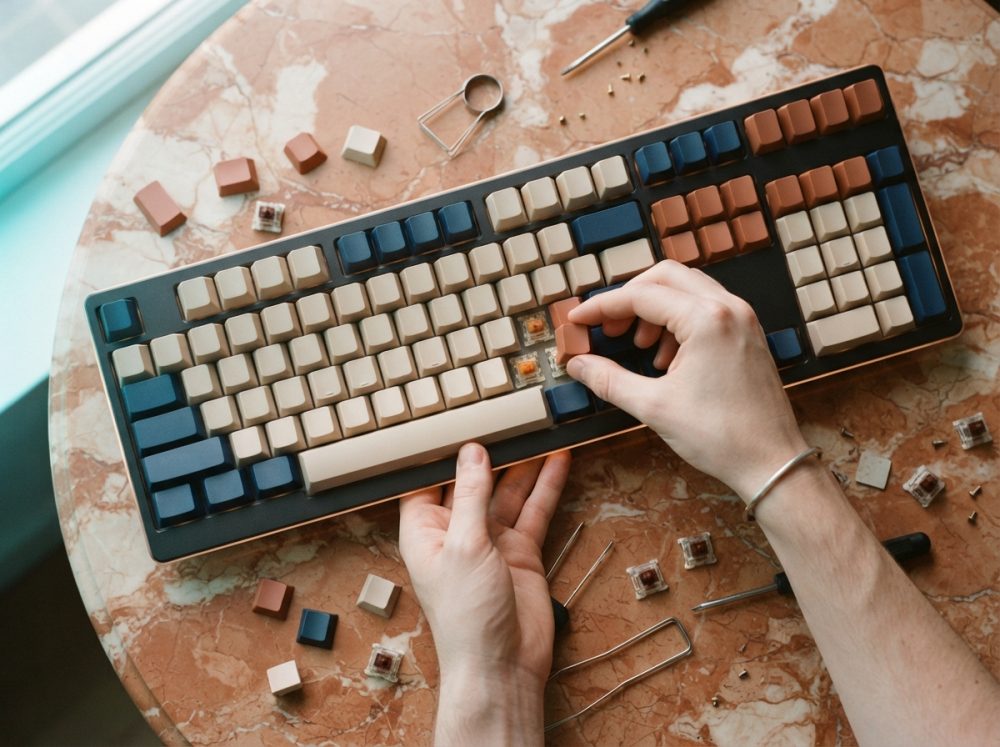 Mãos a montar teclas coloridas em teclado mecânico sobre mesa de mármore