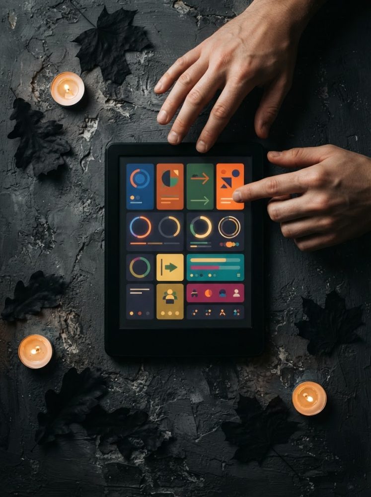 Mãos interagindo com tablet digital colorido rodeado de folhas secas e velas acesas