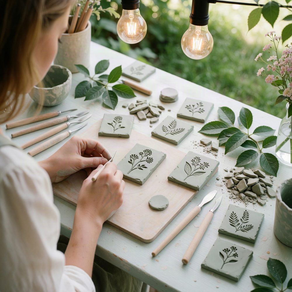 Pessoa a moldar azulejos de barro com desenhos de plantas numa mesa com ferramentas e folhas verdes