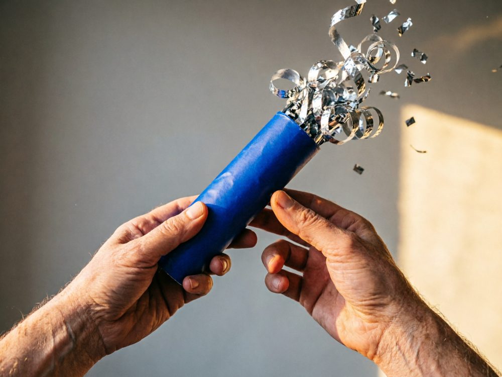 Mãos segurando um tubo azul a libertar serpentinas prateadas para festa