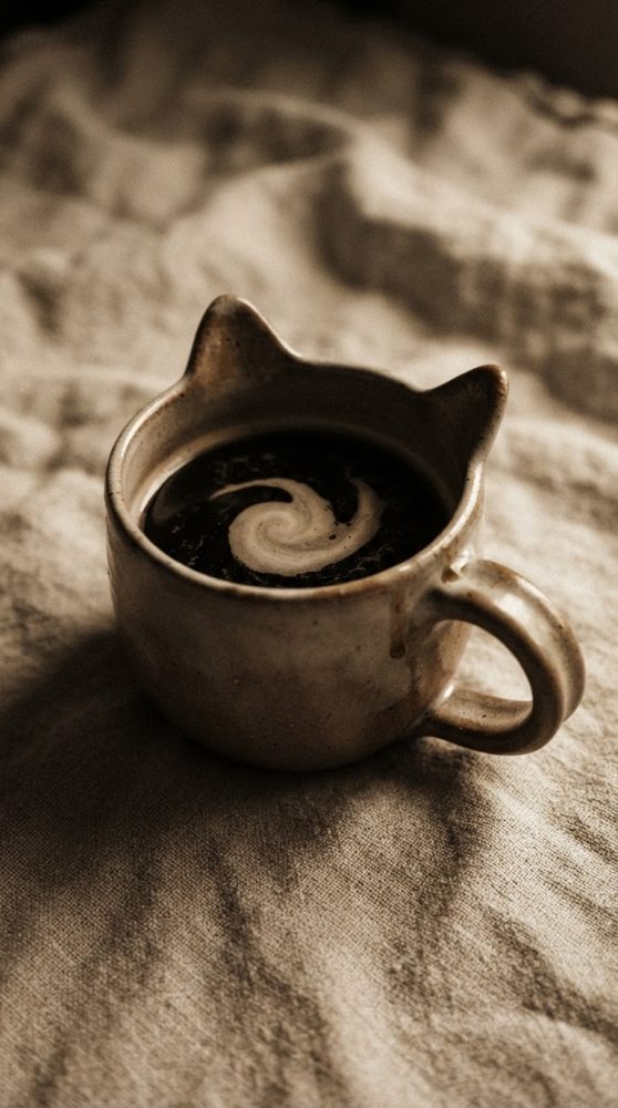 Caneca de cerâmica com orelhas de gato e café com creme em espiral sobre tecido