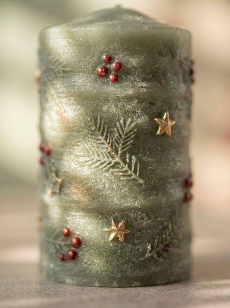 Vela verde decorativa com relevo de ramos de pinheiro, estrelas douradas e bagas vermelhas para Natal