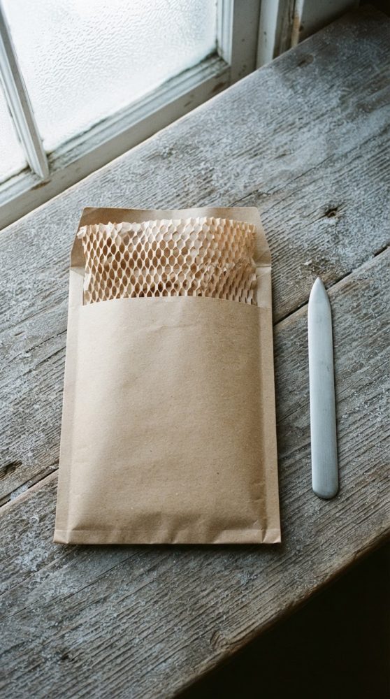 Envelope de papel kraft com proteção acolchoada e utensílio branco sobre madeira antiga