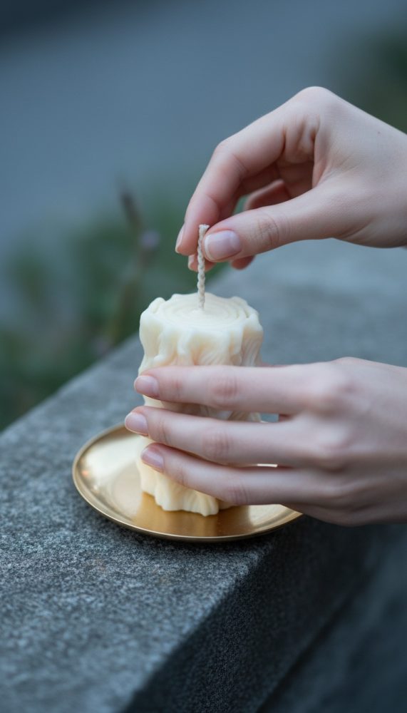 Mãos a segurar uma vela branca texturizada sobre prato dourado numa superfície de pedra cinzenta