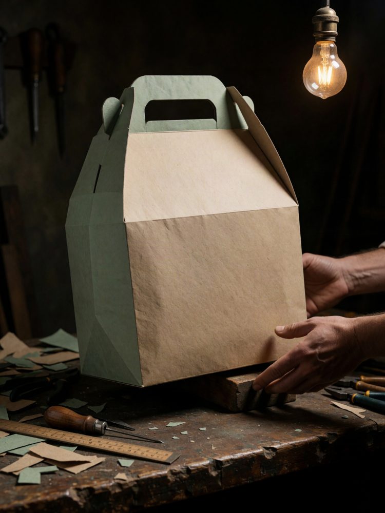Caixa de embalagem em papel kraft com pega sobre mesa de trabalho rústica, luz de lâmpada incandescente
