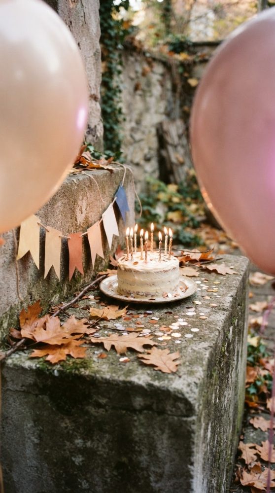 Bolo de aniversário com velas num ambiente rústico com folhas secas, confetis, bandeirolas e balões ao ar livre