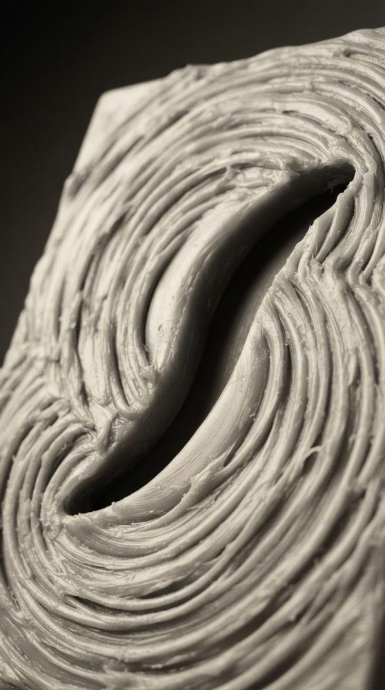 Escultura abstrata em relevo com linhas onduladas e textura espessa monocromática