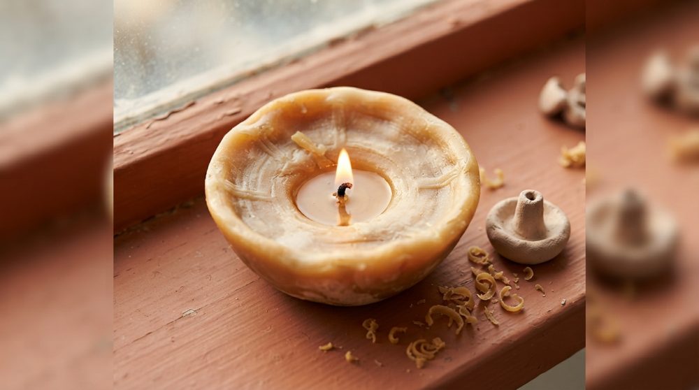Vela artesanal acesa em suporte de cera de abelha sobre peanha de madeira com aparos de cera