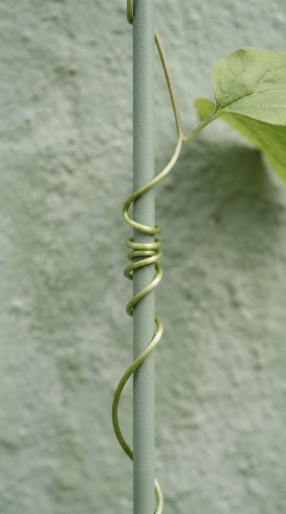 Caule de planta trepadeira enrolado em suporte metálico cinzento com folha verde